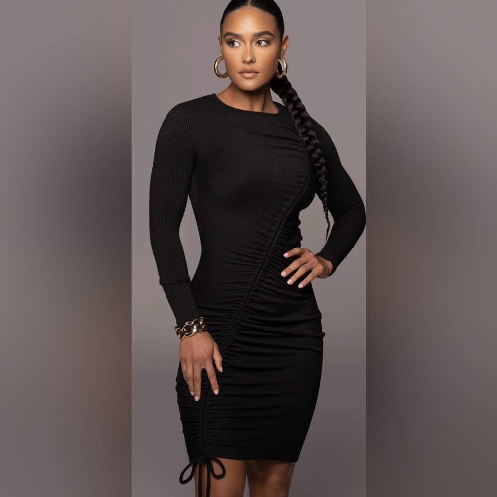 JLUXLABEL Black Ruched Asymmetrical Bodycon Dress